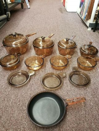 17 Pc Amber Vision Corning/pyrex Cookware Set Sauce Fry Pans Bowls