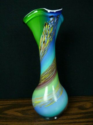 Vintage E.  Zareh Blown Art Glass Vase Sculpture Purple Yellow Blue Green Russia