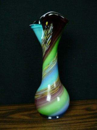Vintage E.  Zareh Blown Art Glass Vase Sculpture Purple Yellow Blue Green Russia 2