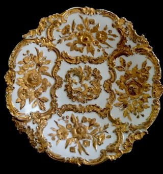 Meissen First Quality 12” Rare Gold & White Gilded Classic Ornate Rococo Bowl