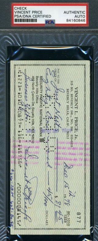 Vincent Price Psa Dna Hand Signed Check Authentic Autograph