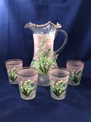 Victorian Highly Decorated Hand Enameled Five Piece Water Set
