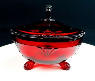 Paden City Glass 890 Crows Foot Tri Footed Ruby Red Fan & Dots 5 3/8 " Candy Dish