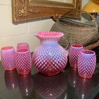 Stunning Fenton Cranberry Opalescent Hobnail Pitcher With Five 4 3/4 " Tumblers