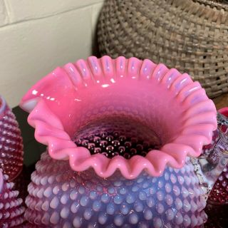 Stunning Fenton Cranberry Opalescent Hobnail Pitcher with Five 4 3/4 
