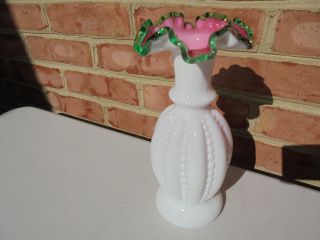 Scarce Vintage Fenton Art Glass Green Crest Peach Blow Rose Melon Vase 8 7/8 "