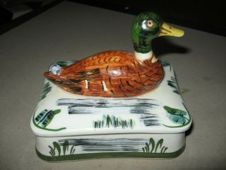 Scarce Blue Ridge Pottery China Hand Painted Trinket Box With Duck On Lid 2