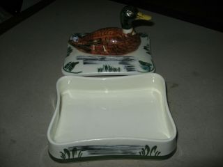 Scarce Blue Ridge Pottery China Hand Painted Trinket Box With Duck On Lid 3