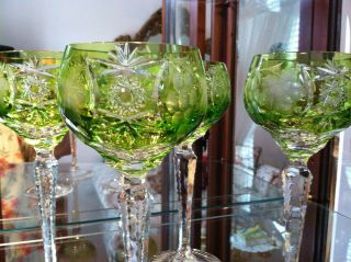 4 Nachtmann Traube 8 1/4 " Wine Glass Peridot Green Cut To Clear Lead Crystal