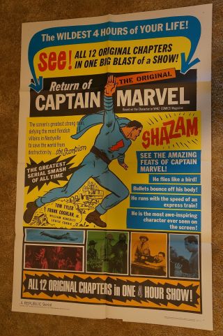 Adventures Of Captain Marvel Tom Tyler Serial Superhero One Sheet R1966