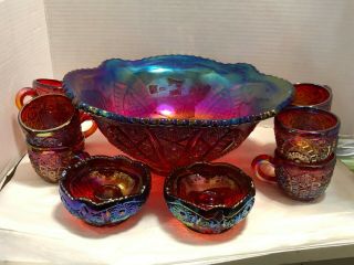 Vtg Red To Blue Iridescent Carnival Glass Punch Bowl,  8 Cups,  2 Candle Holders