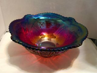 Vtg Red to Blue Iridescent Carnival Glass punch bowl,  8 cups,  2 candle holders 2