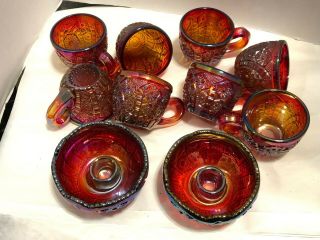 Vtg Red to Blue Iridescent Carnival Glass punch bowl,  8 cups,  2 candle holders 3