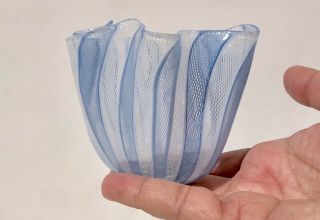 Signed Venini Murano Blue & White Latticino Art Glass Handkerchief Vase