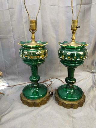 Antique Two Green Glass Czech Bohemian Glass Lustres Lusters Lamps Set 2