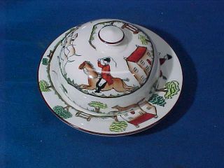 Vintage Crown Staffordshire Bone China Butter Dish W Equestrian Hunt Scene Image