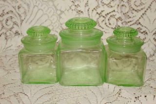 Green Depression Glass 3 Pc Vaseline Uranium Small Canister Kitchen Set Spices