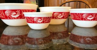 Vintage Hazel Atlas Red Band Rooster Chicken Mixing Bowls Set Of 4 Rare