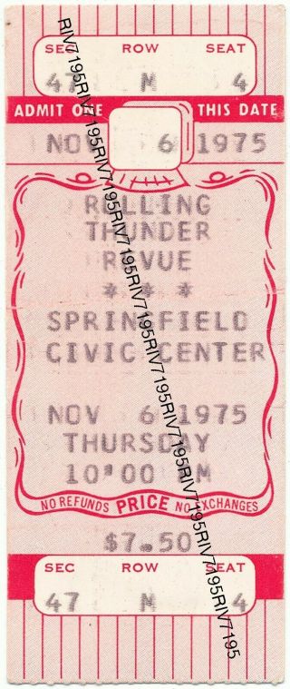Bob Dylan - Rolling Thunder Revue Springfield,  Ma Concert Ticket 1975