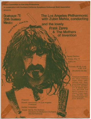 Frank Zappa Mothers Of Invention Philharmonic Zubin Mehta 1970 Concert Handbill