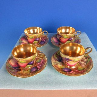 English Aynsley China - Signed Fruit & Gold Porcelain - 4 Demitasse Cups/saucers