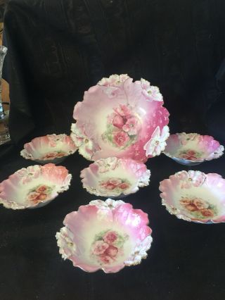 R S Prussia Red Mark 7 Piece Berry Set Carnation Mold