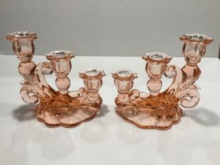 Cambridge Glass Caprice Pink 3 Lite Candleholders Pair