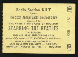 Beatles Rare Vintage 1965 Sam Houston Coliseum Ticket Stub