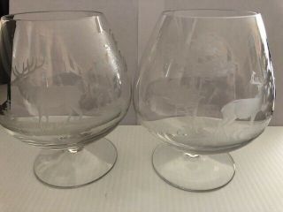 Queen Lace Etched Crystal Brandy Snifters,  Stag And White Tailed Deer,  One Each