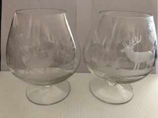 QUEEN LACE ETCHED CRYSTAL BRANDY SNIFTERS,  STAG AND WHITE TAILED DEER,  ONE EACH 4