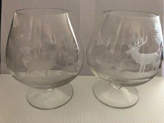QUEEN LACE ETCHED CRYSTAL BRANDY SNIFTERS,  STAG AND WHITE TAILED DEER,  ONE EACH 5