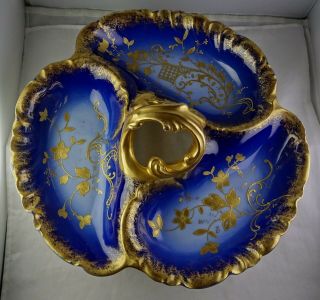 Rare Antique Limoges Cobalt & Heavy Gold Divided Serving Tray Flowers & Leaves