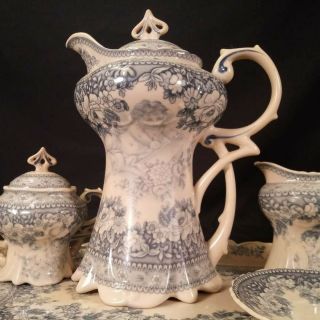 Old UK Blue Transferware Tea Set Cherubs Angels Floral 10