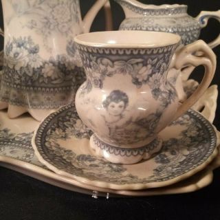 Old UK Blue Transferware Tea Set Cherubs Angels Floral 11