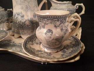 Old UK Blue Transferware Tea Set Cherubs Angels Floral 2
