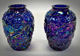 Very Rare Fenton Dogwood Embossed Cobalt Carnival Glass Vase Set Electric