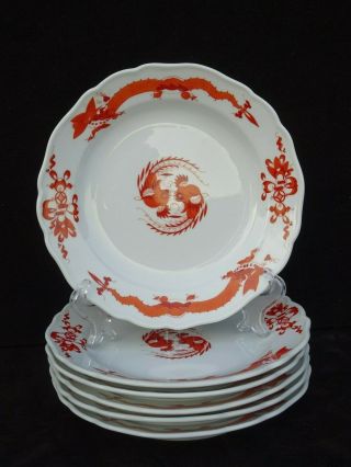 6 Antique Meissen " Red Court Dragon " 7 " Dessert Plates Rare Version W/ No Gold