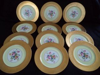 Heinrich Porcelain China 12 Dinner Charger Plates 11in Dresden Flowers Wide Gold