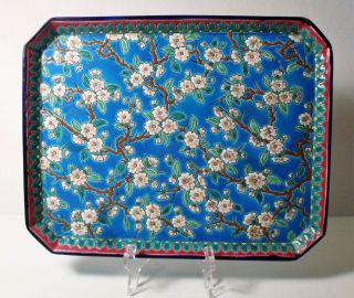 Vintage Longwy France Enameled 12 " Tray Vibrant Blue W/floral - Circa 1870 - 1910