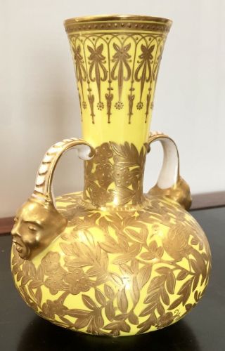 19th C.  Vibrant Yellow And Gold Royal Crown Derby Double Jester Vase