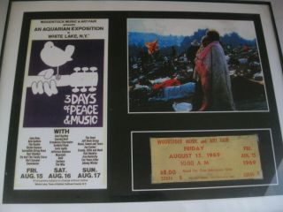 Framed 1969 Single Day Woodstock Ticket Program And Picture With