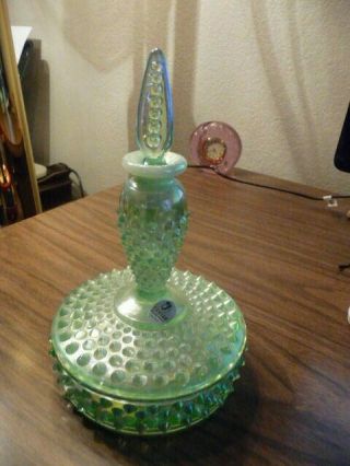 Fenton All - In - One Green Opalescent Hobnail " Perfume Bottle And Powder Box "