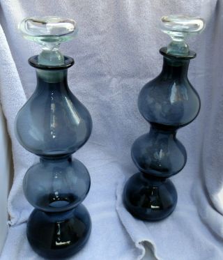 Pair Blenko Gurgle Decanters In Smoke Or Smokey Grey W/ Clear Stoppers