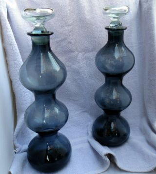 Pair Blenko Gurgle Decanters in Smoke or Smokey Grey w/ Clear Stoppers 2