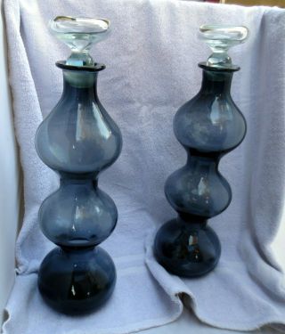 Pair Blenko Gurgle Decanters in Smoke or Smokey Grey w/ Clear Stoppers 3