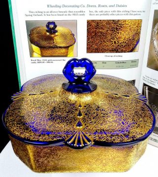 Paden City 412 Cobalt Blue Wheeling Gold Design Square 6 3/8 " Covered Candy Dish