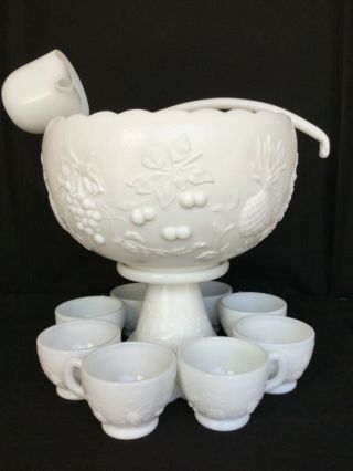 Vintage Westmoreland Milk Glass Punch Bowl Set - Cupped Bowl Stand 12 Cups & Ladle