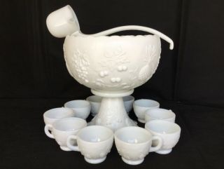 Vintage Westmoreland Milk Glass Punch Bowl Set - Cupped Bowl Stand 12 Cups & Ladle 2