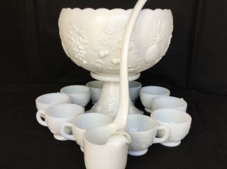 Vintage Westmoreland Milk Glass Punch Bowl Set - Cupped Bowl Stand 12 Cups & Ladle 3
