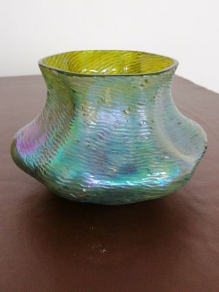 Bohemian Loetz Iridescent Hexagonal Green Glass Vase